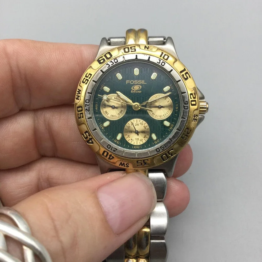 Fossil Blue Mens Watch 35mm Green Dial Two Tone Stainless Quartz 100M Sport WR